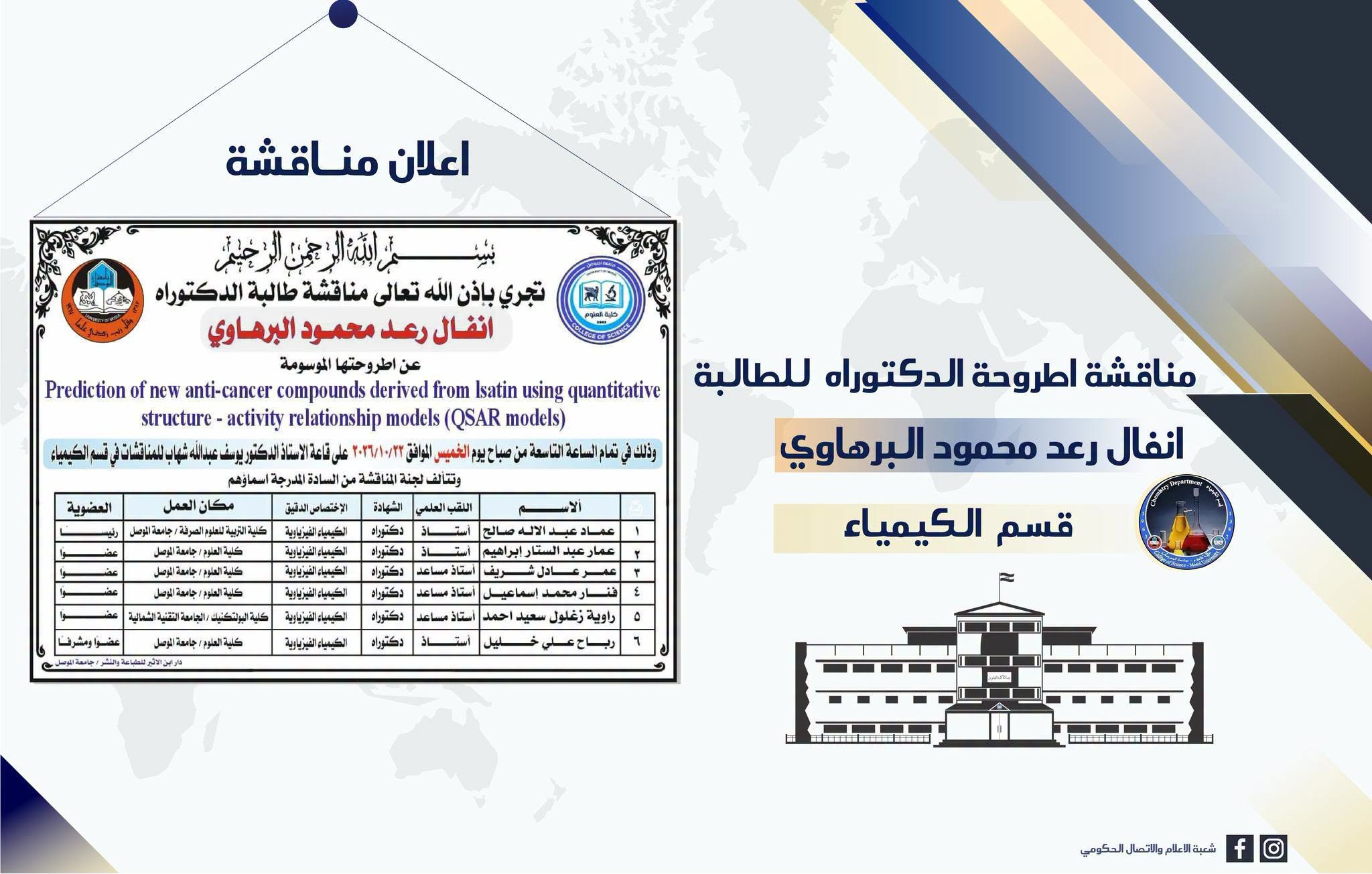 الكيمياء – إعلان مناقشة أنفال رعد البرهاوي